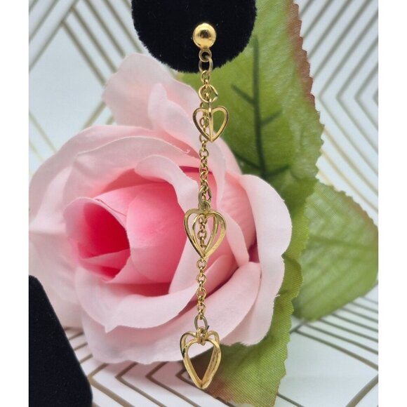 Unique Gold Tone Chain Earrings Pierced Ball Beads & Dangle 3D Hearts Valentines - Picture 4 of 7